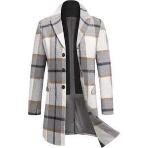 Men's brownPlaid Trench Overcoat Wool Blend Coat with Detachable Single Breasted